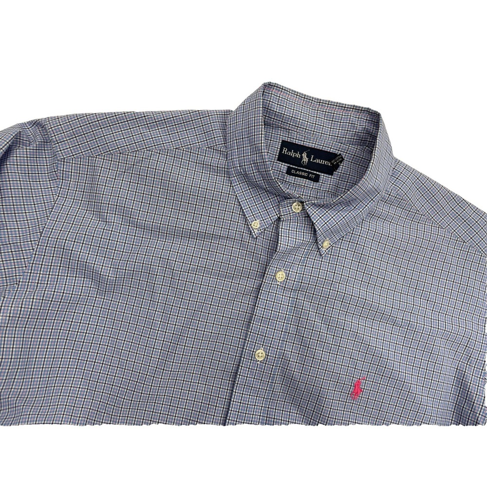 Ralph Lauren VTG Men's Classic Fit Blue Checked Short Sleeve Button Shirt, XL